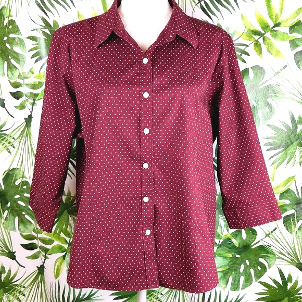 L.L Bean Maroon & White Checked Button Down Top (Size: X-Large)